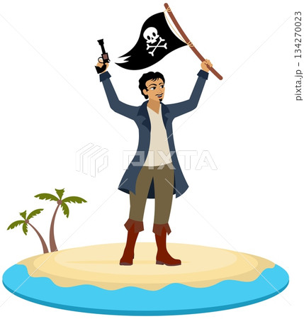 Pirates. A pirate with a pistol waves a flag on an island. Pirate adventure. Isolated. Pirates. A pirate with a pistol waves a flag on an island. Pirate adventure. Isolated. 134270023
