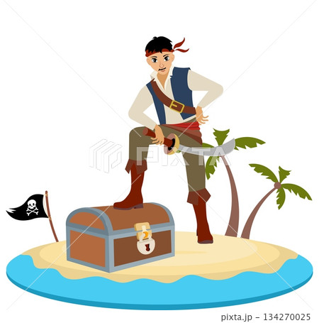 Pirates. Corsair with a chest on the island. Pirate adventure. Isolated. Pirates. Corsair with a chest on the island. Pirate adventure. Isolated. 134270025