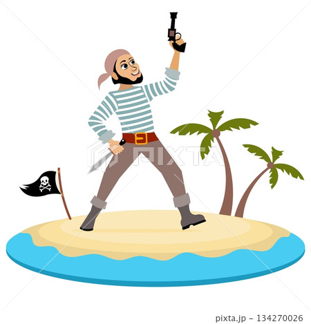 Pirates. A corsair with a pistol on an island. Pirate adventure. Isolated. Pirates. A corsair with a pistol on an island. Pirate adventure. Isolated. 134270026