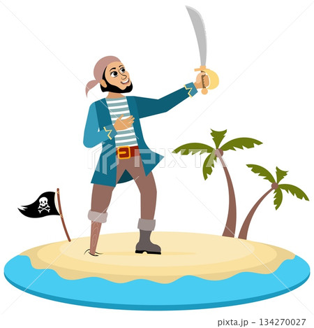 Pirates. A corsair with a saber on an island. Pirate adventure. Isolated. Pirates. A corsair with a saber on an island. Pirate adventure. Isolated. 134270027