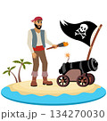 Pirates.  A pirate with a torch and a cannon on an island. Pirate adventure. Isolated. 134270030