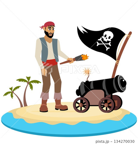 Pirates. A pirate with a torch and a cannon on an island. Pirate adventure. Isolated. Pirates. A pirate with a torch and a cannon on an island. Pirate adventure. Isolated. 134270030