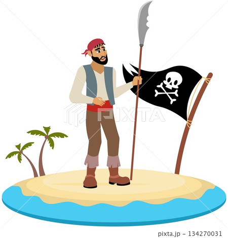 Pirates. A pirate with a spear on an island. Pirate adventure. Isolated. Pirates. A pirate with a spear on an island. Pirate adventure. Isolated. 134270031