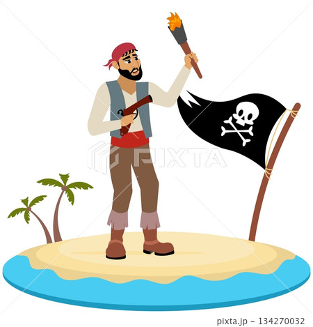 Pirates. A pirate with a pistol and a torch on an island. Pirate adventure. Isolated. Pirates. A pirate with a pistol and a torch on an island. Pirate adventure. Isolated. 134270032