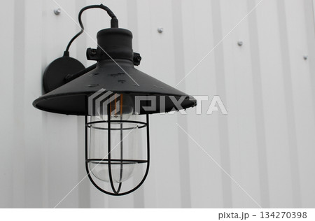 Filament Bulb in Large Outdoor Barn Light. Traditional Lighting for Cottage Wall and Private Yard Illumination Filament Bulb in Large Outdoor Barn Light. Traditional Lighting for Cottage Wall and Private Yard Illumination 134270398