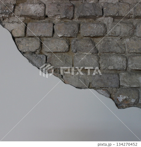 Unfinished brick wall with smooth plaster level surface for titles or text space. Old brickwork with copy space stock photo for banner design Unfinished brick wall with smooth plaster level surface for titles or text space. Old brickwork with copy space stock photo for banner design 134270452
