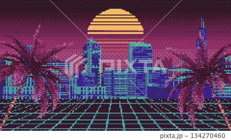 Pixel city background with palm trees. 8 bit retro background. Mosaic background of a town panorama. 80s, 90s style. Pixel city background with palm trees. 8 bit retro background. Mosaic background of a town panorama. 80s, 90s style. 134270460