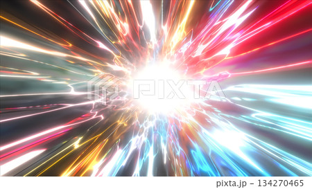 Abstract speed tunnel. 3D illustration of a flight through a bright space tunnel. A corridor of glowing rays. Cosmic background.	 134270465