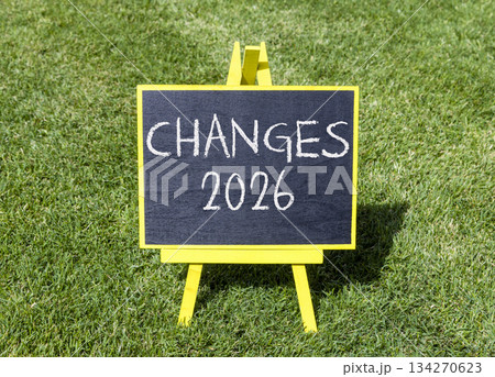 Changes 2026 symbol. Concept words Changes 2026 on beautiful black blackboard. Beautiful green grass background. Business and changes 2026 concept. Copy space. 134270623