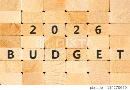 2026 Budget symbol. Concept words 2026 Budget on beautiful wooden blocks wall. Beautiful wooden blocks wall background. Business and 2026 budget concept. Copy space. 134270630