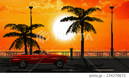 A red convertible driving against a backdrop of sea and palm trees in the evening in 8-bit graphics. Pixel background sunset over the sea. Retro game background in the style of the 80s and 90s. 134270672