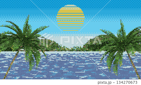 Pixel tropical background. 8-bit retro background. Mosaic of tropical island panorama. Arcade 2D graphic. 134270673