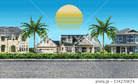 Street background in 8-bit style graphics. Pixel panorama with houses and palm trees. Mosaic panorama of a tropical city. Arcade 2D graphics. Street background in 8-bit style graphics. Pixel panorama with houses and palm trees. Mosaic panorama of a tropical city. Arcade 2D graphics. 134270674