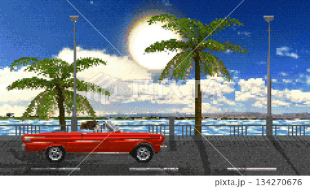 A red convertible driving against a backdrop of sea and palm trees in 8-bit graphics. Retro pixel background of a tropical island. Retro pixel intro in the style of the 80s and 90s. 134270676