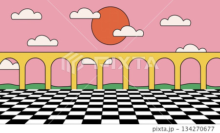 Background in vintage style. 2D Abstract drawn illustration. Abstract background of shapes. Checkered field with arches. Retro art. Background in vintage style. 2D Abstract drawn illustration. Abstract background of shapes. Checkered field with arches. Retro art. 134270677