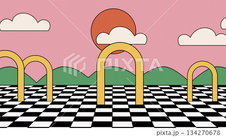 Background in vintage style. 2D Abstract drawing background of shapes. Checkered field with arches. Retro art. Background in vintage style. 2D Abstract drawing background of shapes. Checkered field with arches. Retro art. 134270678