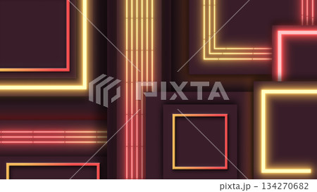 Bright moving neon lines. Abstract geometric background. Glowing neon frames. Yellow shades. 134270682