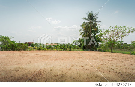 Empty dry cracked swamp reclamation soil, land plot for housing construction project with car tire print in rural area and beautiful blue sky. 134270718
