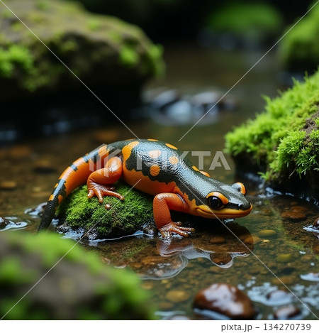 AI generated Lively salamander displaying bold markings on moist moss beside tranquil 134270739