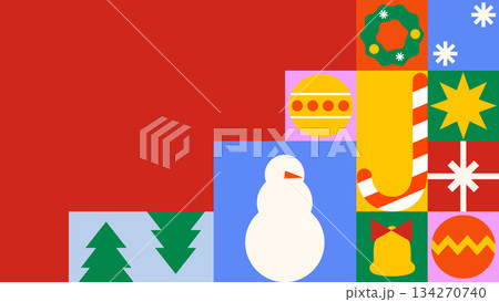 Christmas checkered pattern with geometric minimal holiday icons and simple shapes forms. Abstract background for Christmas and New Year holidays with space for text. 134270740