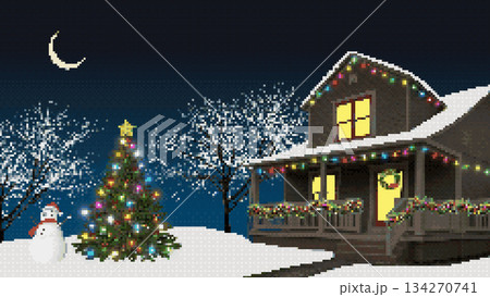 8-bit pixel background featuring a Christmas house and yard with a Christmas tree. A residential building decorated for Christmas in the evening. 134270741