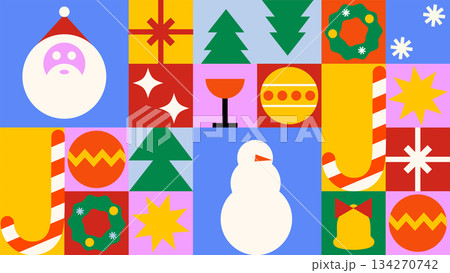 Christmas checkered pattern with geometric minimal holiday icons and simple shapes forms. Abstract background for Christmas and New Year holidays. 134270742
