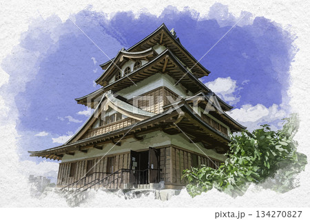 水彩画風 諏訪高島城 天守閣 長野県諏訪市 水彩画風 諏訪高島城 天守閣 長野県諏訪市 134270827