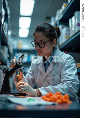 AI generated Asian female food scientist inspecting carrot sample under microscope 134270829