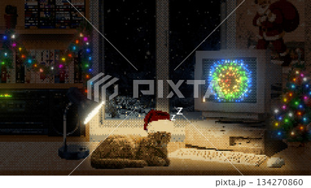 8-bit Christmas night room interior from the past. Pixel christmas vintage room background from the 90s. Retro desktop wallpaper next to a window for the New Year. 134270860