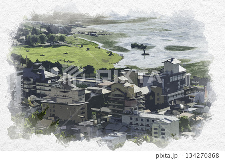 水彩画風　諏訪立石公園からの上諏訪温泉街　長野県諏訪市 134270868