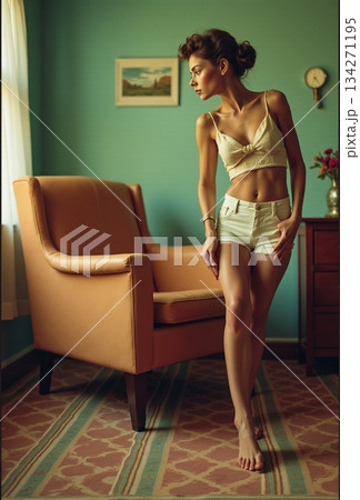AI generated Woman in retro attire sets mood for intimate fashion shoot in cozy space 134271195