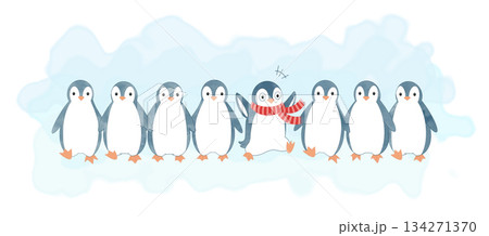 横に並んだペンギン達のユーモラスなイラスト 134271370