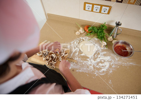 Chef Preparing Mushroom Filling For Pasta Dough On Clean Kitchen Counter 134271451