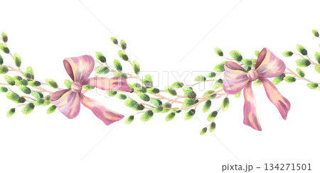 Seamless border of willows branches with whe bows Handmade watercolor illustration. For fabric, wallpaper, packing paper, greeting cards, design, decoration and illustration. 134271501