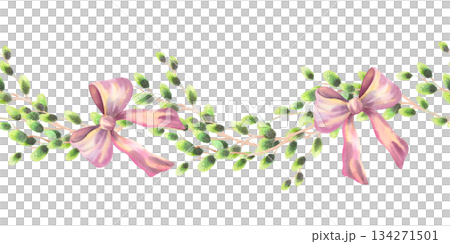 Seamless border of willows branches with whe bows Handmade watercolor illustration. For fabric, wallpaper, packing paper, greeting cards, design, decoration and illustration. 134271501