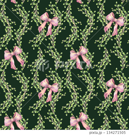 Seamless watercolor pattern of vertical rows of willows branches with the bows on a green background. For fabric, wallpaper, packing paper, greeting cards, design, decoration and illustration. 134271505
