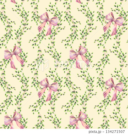Seamless watercolor pattern of vertical rows of willows branches and bows on a beige background. For fabric, wallpaper, packing paper, greeting cards, design, decoration and illustration. 134271507