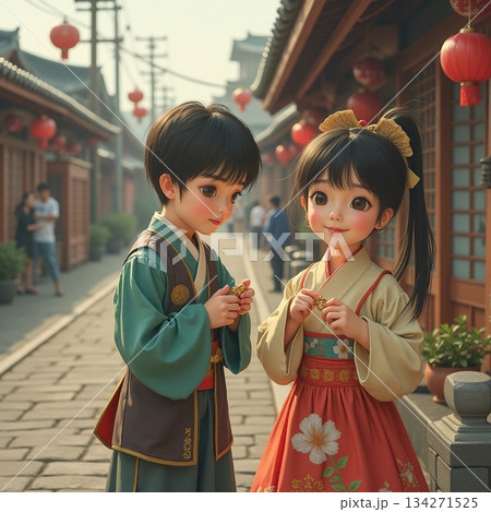 AI generated Two young children dressed in classic attire practice singing in lanternlit 134271525
