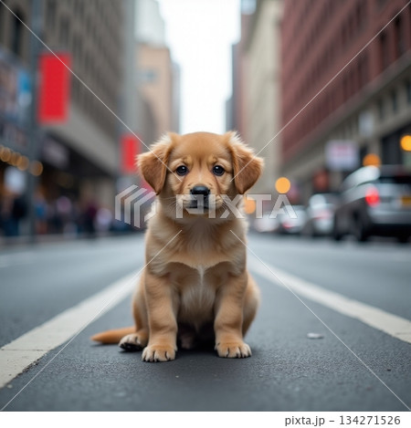 AI generated Energetic puppy captures lively city scene with cheerful and inquisitive 134271526