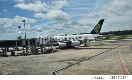 A Singapore Airlines jet stands at the gate with ground vehicles and cargo nearby, showcasing sleek design, global connectivity 134271544