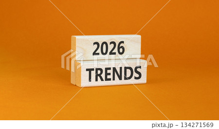 2026 Trends new year symbol. Concept words 2026 Trends on beautiful wooden blocks. Beautiful orange paper background. Business and 2026 Trends new year concept. Copy space. 134271569