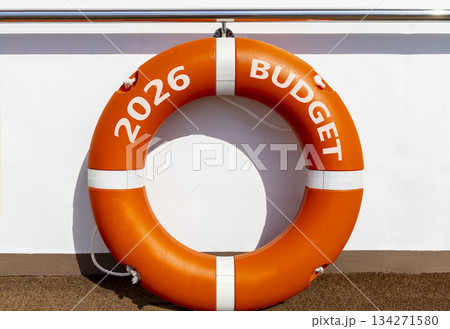 2026 Budget symbol. Concept words 2026 Budget on beautiful orange lifebuoy. Beautiful white background. Beautiful orange lifebuoy. Business and 2026 budget concept. Copy space. 2026 Budget symbol. Concept words 2026 Budget on beautiful orange lifebuoy. Beautiful white background. Beautiful orange lifebuoy. Business and 2026 budget concept. Copy space. 134271580