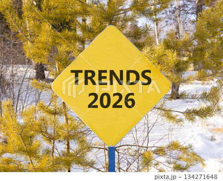 Trends 2026 new year symbol. Concept words Trends 2026 on beautiful yellow road sign. Beautiful winter forest background. Business and Trends 2026 new year concept. Copy space. 134271648