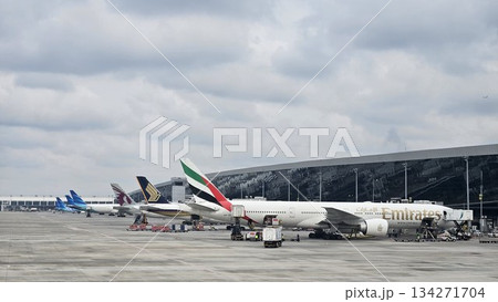 A lineup of global airlines including Emirates, Singapore Airlines, and Qatar Airways showcases international aviation activity 134271704