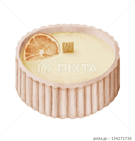 Watercolor illustration of a candle in a ceramic jar with an orange slice on a white background. A home decor element for Christmas scenes, winter compositions, interior design, and holiday cards 134271716