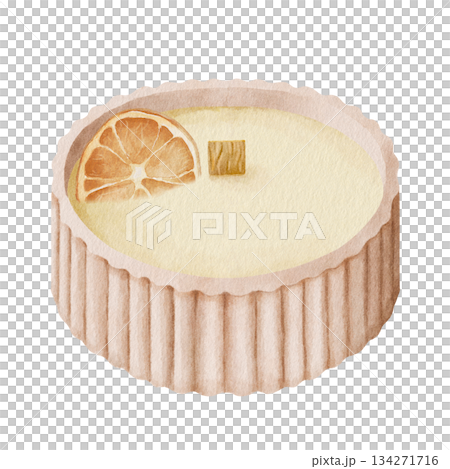 Watercolor illustration of a candle in a ceramic jar with an orange slice on a white background. A home decor element for Christmas scenes, winter compositions, interior design, and holiday cards 134271716
