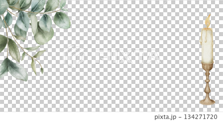 Watercolor illustration of a decorative frame made of eucalyptus branches with a candle in a vintage copper candlestick, isolated on white background. Perfect for cozy holiday decor, candle branding Watercolor illustration of a decorative frame made of eucalyptus branches with a candle in a vintage copper candlestick, isolated on white background. Perfect for cozy holiday decor, candle branding 134271720