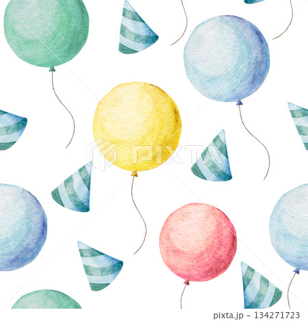 Seamless watercolor pattern with colorful balloons and party hats, hand-painted festive design in bright cheerful tones, perfect for birthday decoration, wrapping paper, textile, kids party and Seamless watercolor pattern with colorful balloons and party hats, hand-painted festive design in bright cheerful tones, perfect for birthday decoration, wrapping paper, textile, kids party and 134271723
