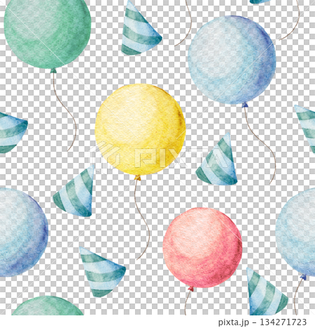 Seamless watercolor pattern with colorful balloons and party hats, hand-painted festive design in bright cheerful tones, perfect for birthday decoration, wrapping paper, textile, kids party and Seamless watercolor pattern with colorful balloons and party hats, hand-painted festive design in bright cheerful tones, perfect for birthday decoration, wrapping paper, textile, kids party and 134271723