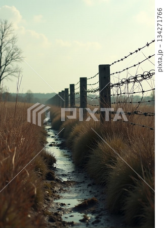 AI generated Aged barbed wire strands wind along muddy ditch with foggy horizon 134271766